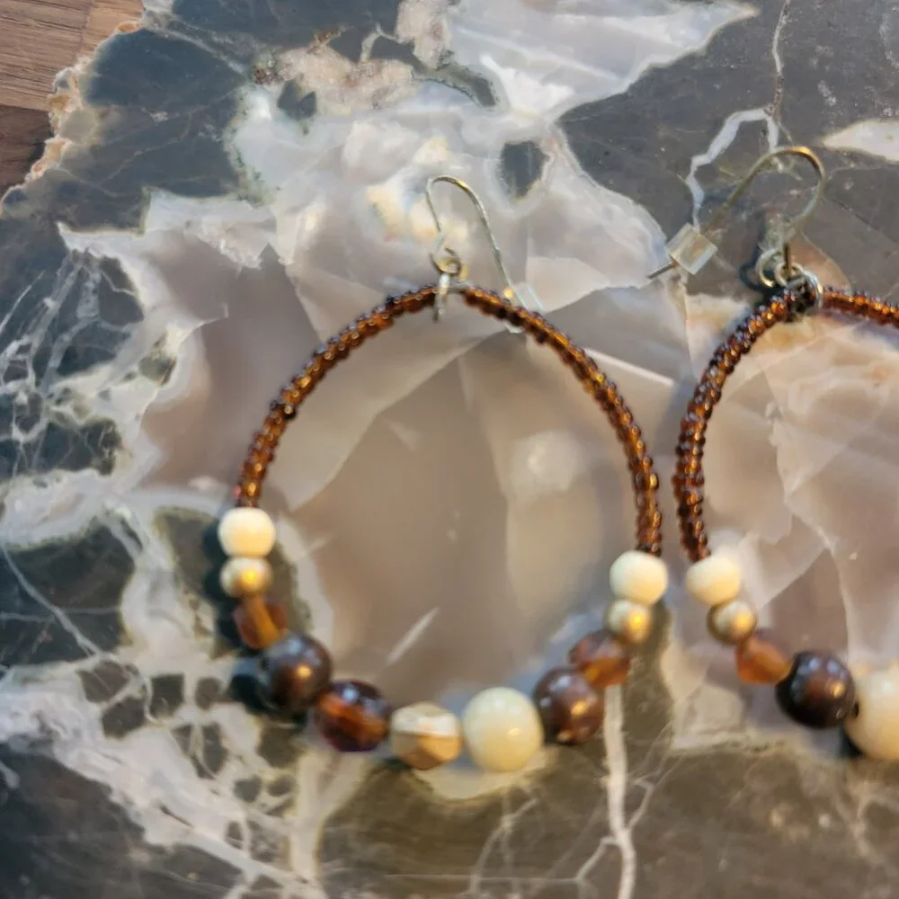 Boho Warm Brown Beaded Hoop Earrings